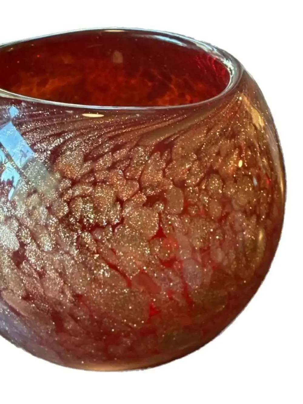 Hand Blown Art Glass Red and Gold Flecked Sphere Vase, approx 6” tall